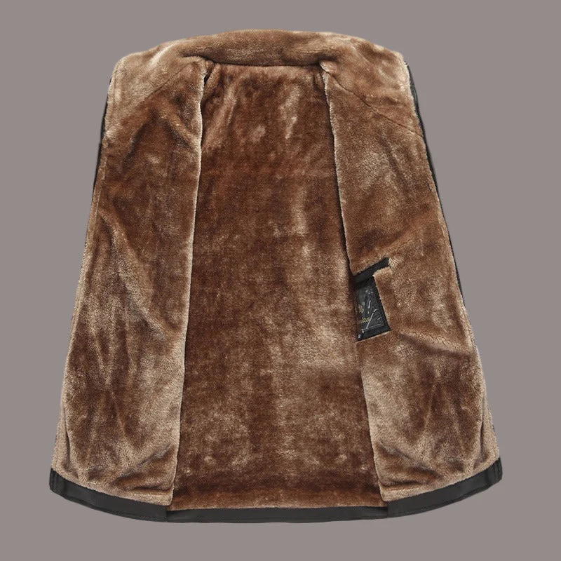 Faux Leather Jacket Men Warm Lined Jacket with Zipper - Image 3