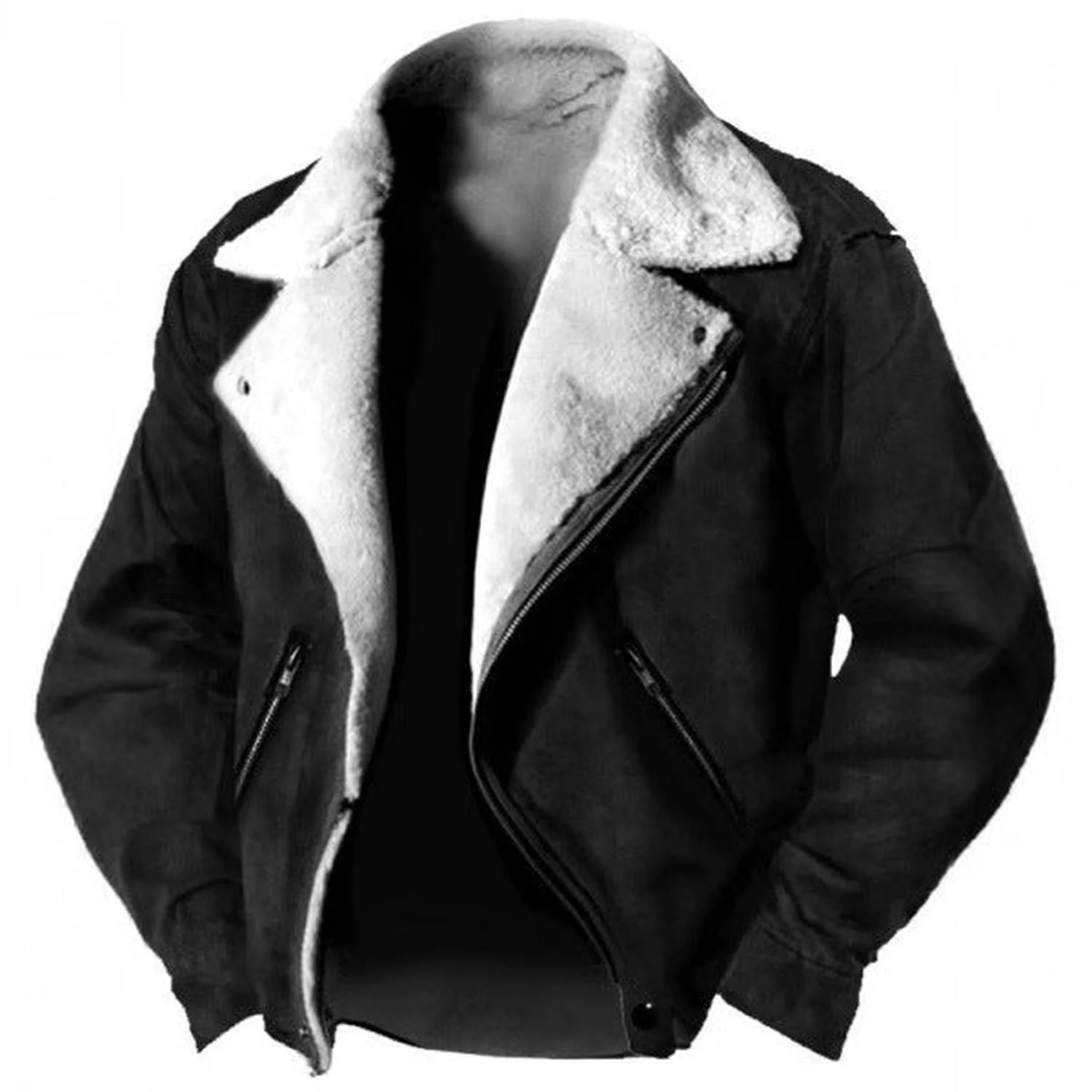 Jacket Men Suede Shearling Lined Structured Fit Retro Lapel Zipped Pockets - Image 3