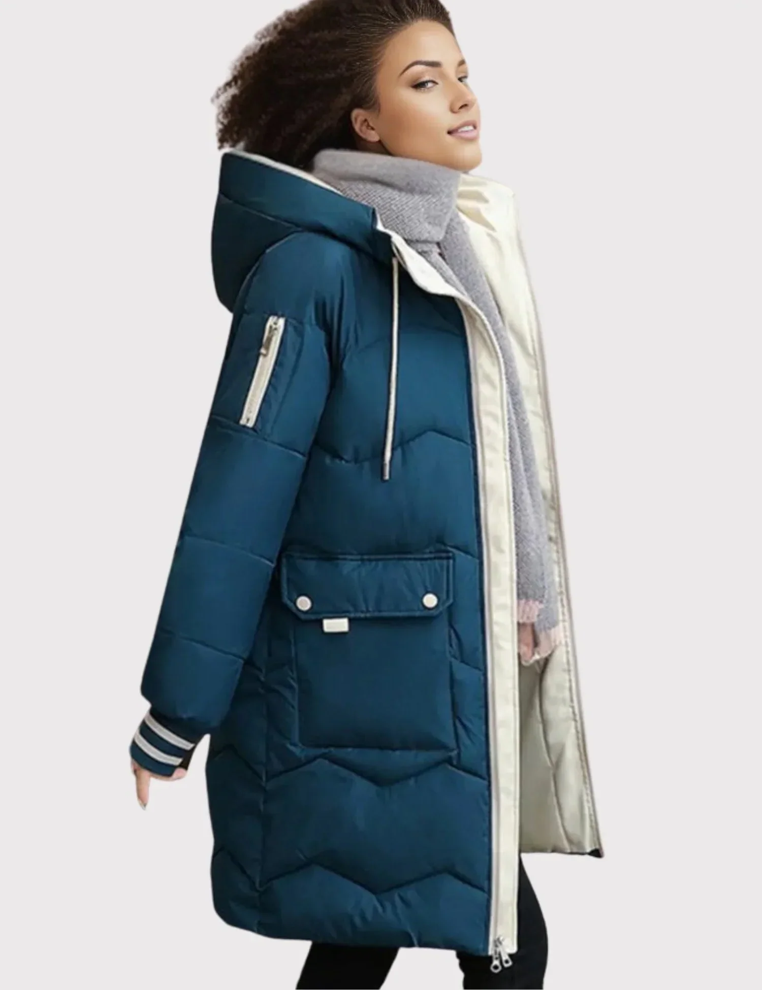 Quilted Jacket Women Hooded Tailored Fit Knee Length Coat - Image 2