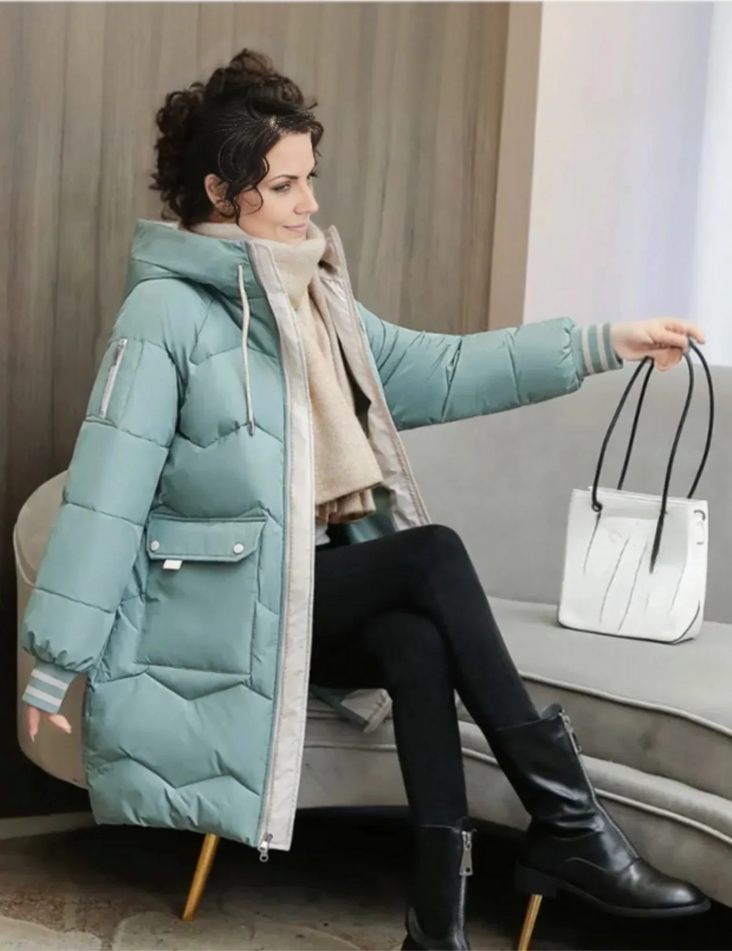 Quilted Jacket Women Hooded Tailored Fit Knee Length Coat - Image 3