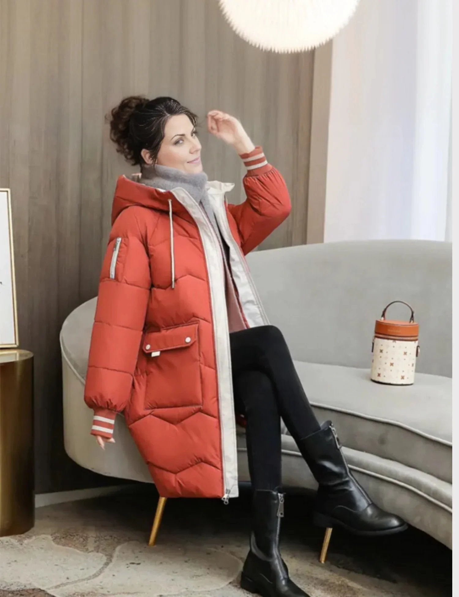 Quilted Jacket Women Hooded Tailored Fit Knee Length Coat - Image 4