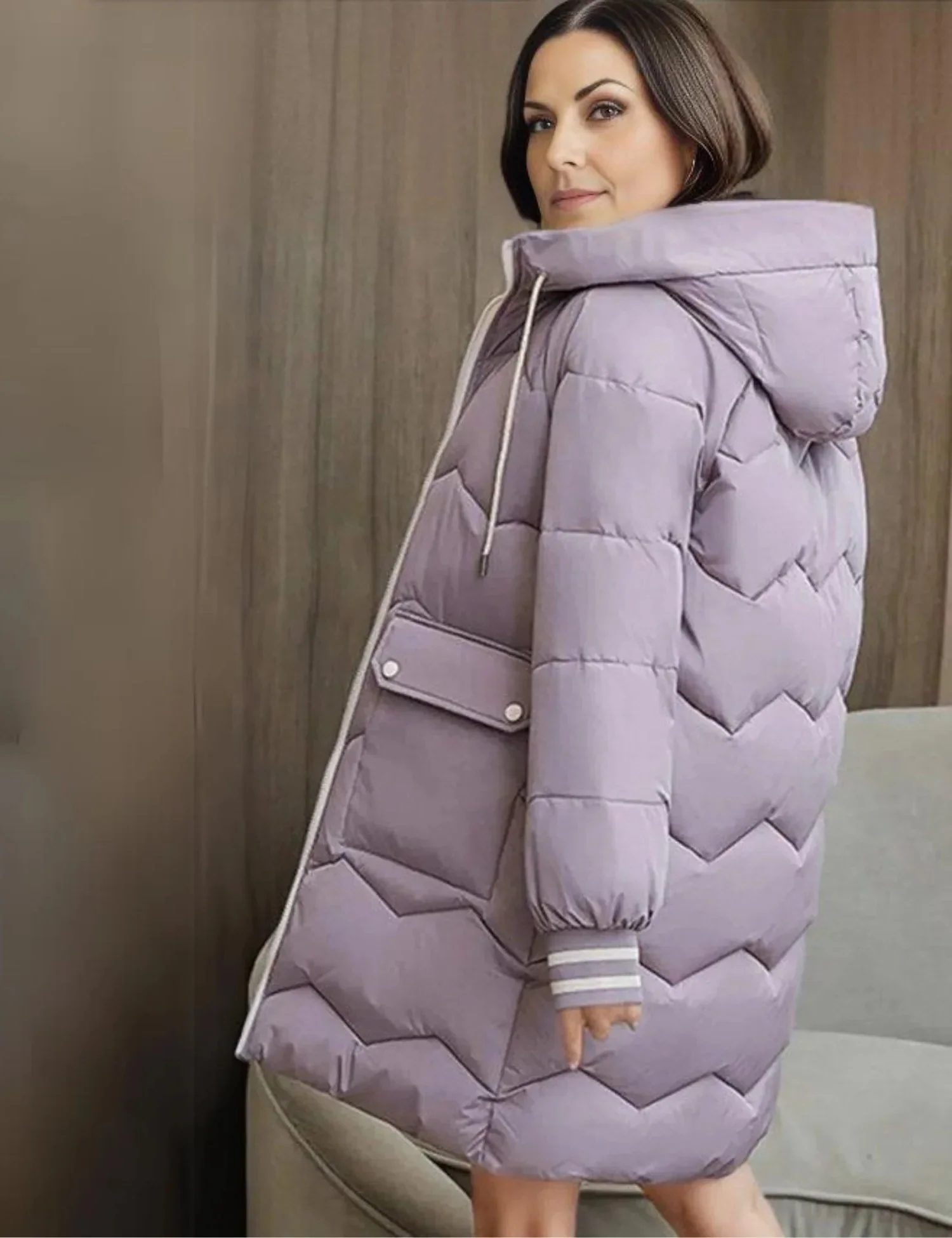 Quilted Jacket Women Hooded Tailored Fit Knee Length Coat - Image 5