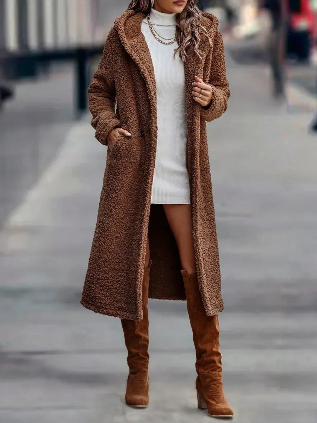 Overcoat Women Warm Hooded Long Teddy Coat Relaxed Fit - Image 5