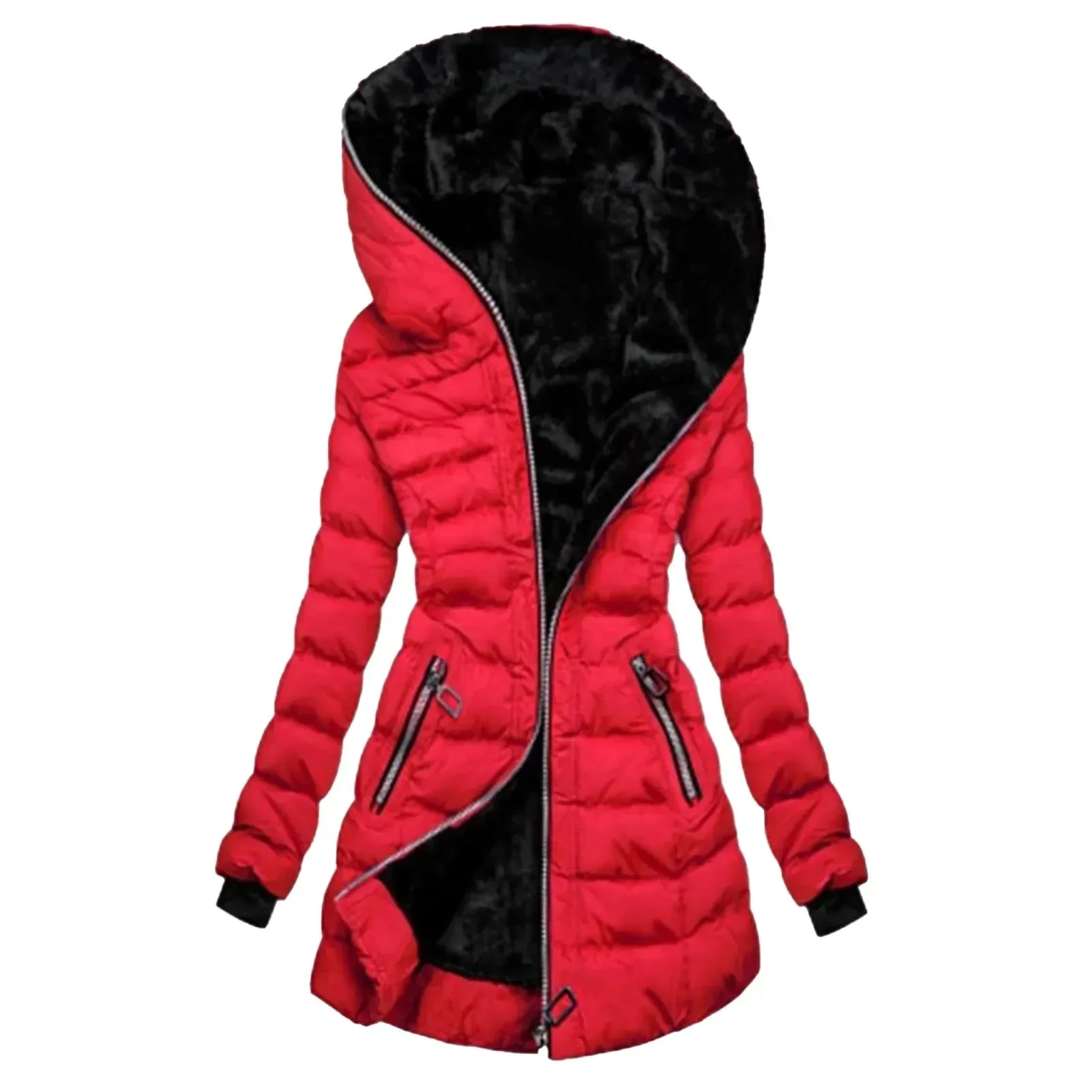 Puffer Coat Women Asymmetrical Zip Hooded Quilted Design - Image 2