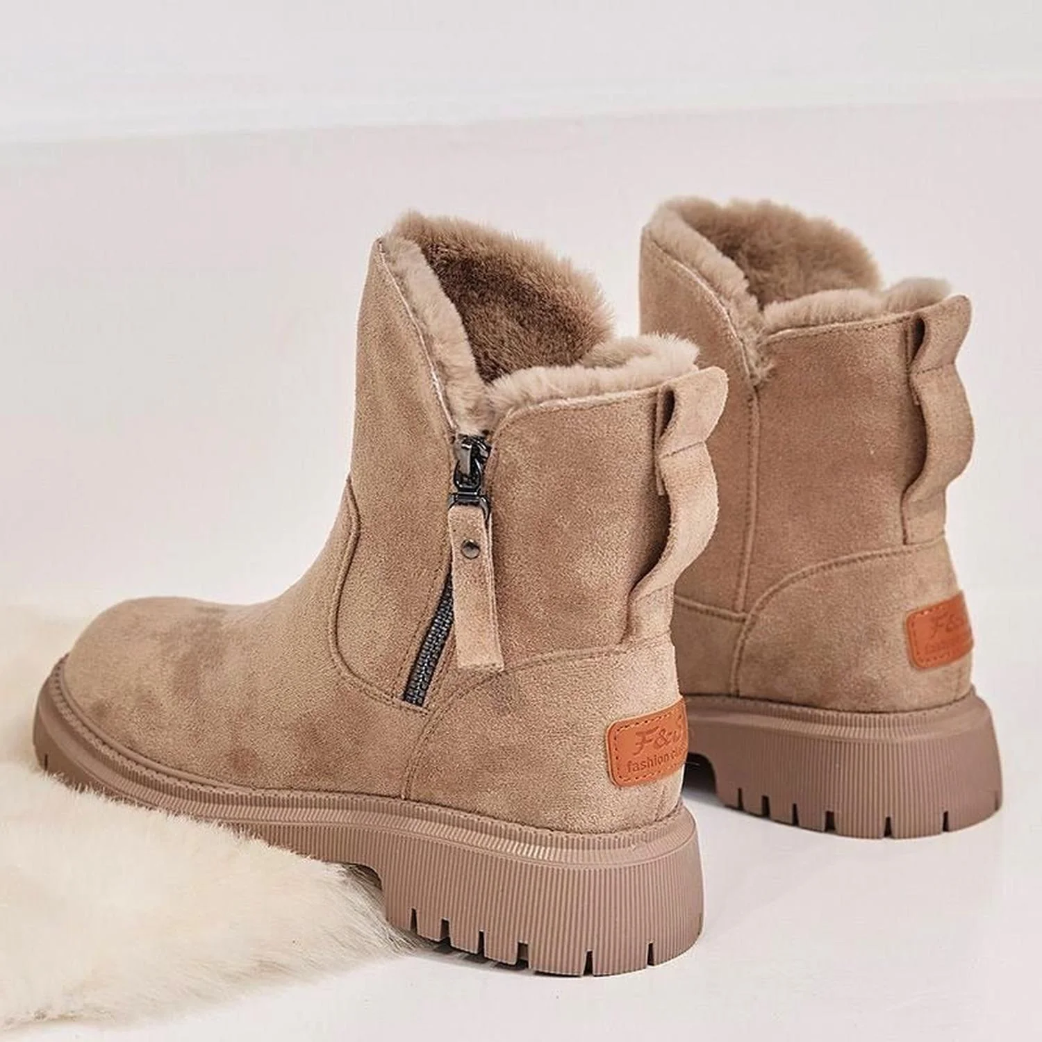 Ankle Boots Women Suede Look Warm Lining Side Zip Non-Slip Lug Sole - Image 3