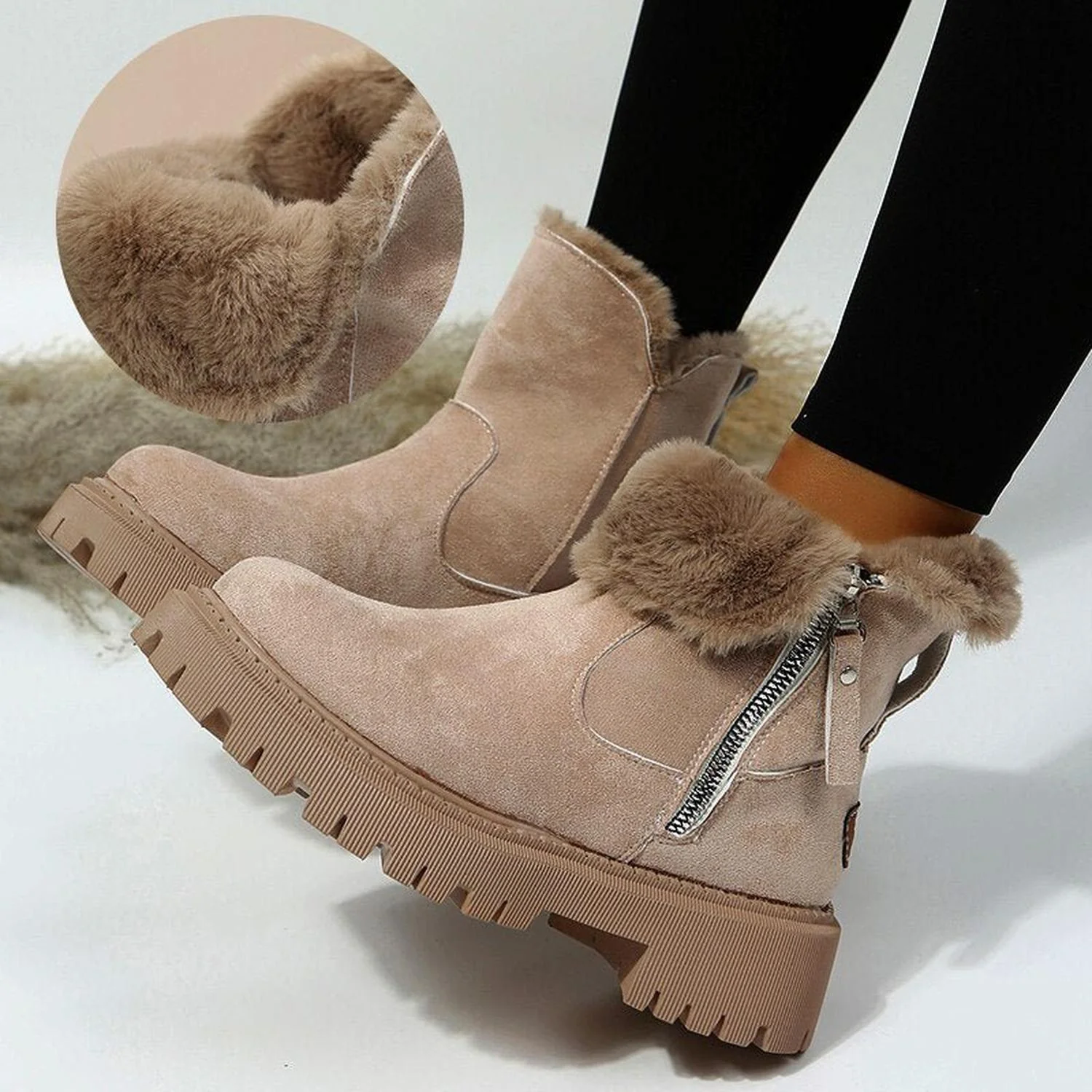 Ankle Boots Women Suede Look Warm Lining Side Zip Non-Slip Lug Sole - Image 4