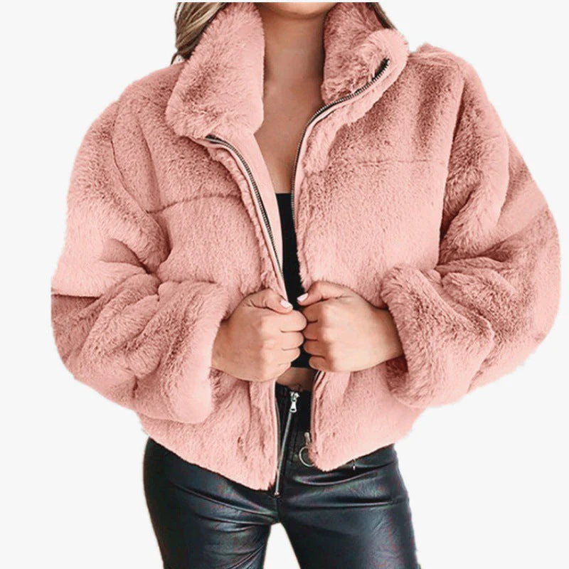 Faux Fur Coat Women Oversized Fit Mid Length Zip Front High Collar - Image 3