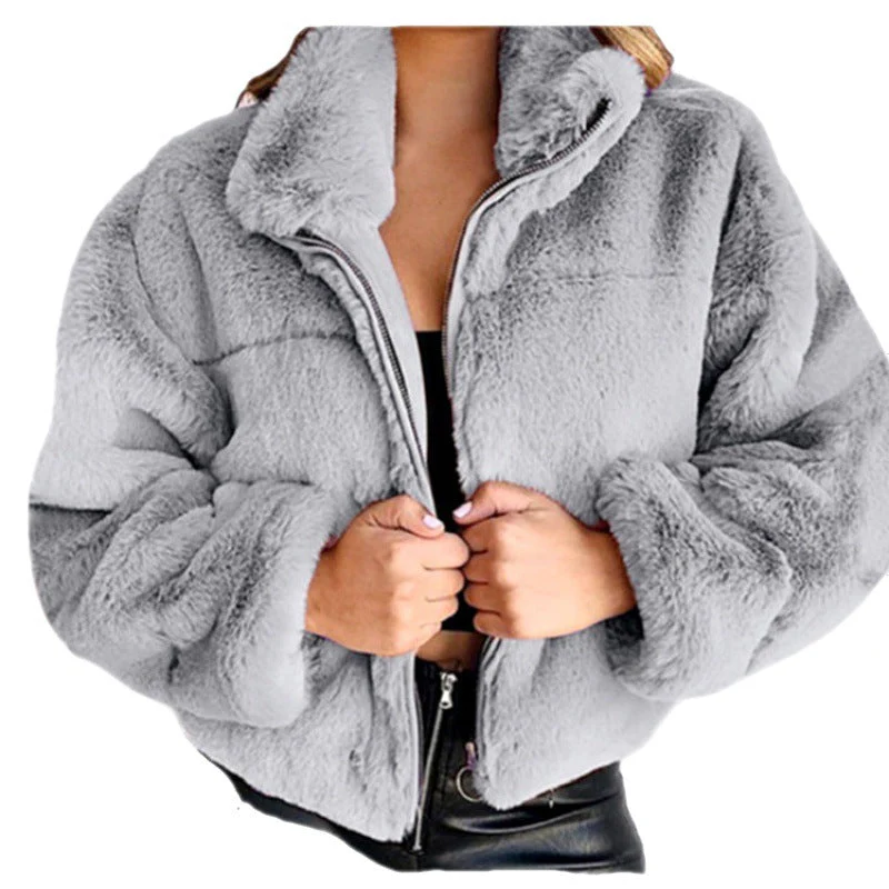 Faux Fur Coat Women Oversized Fit Mid Length Zip Front High Collar - Image 4