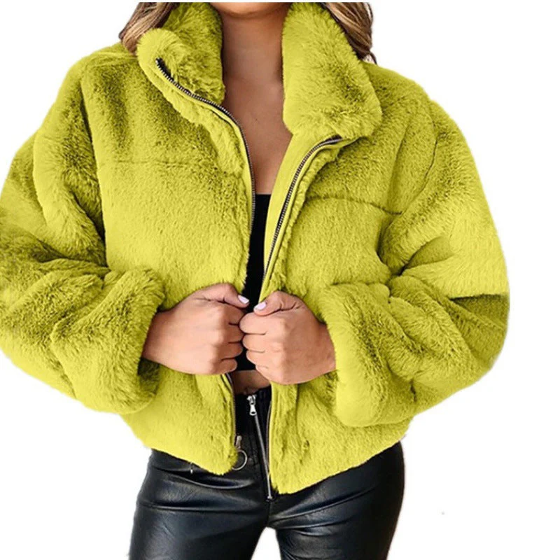 Faux Fur Coat Women Oversized Fit Mid Length Zip Front High Collar - Image 5