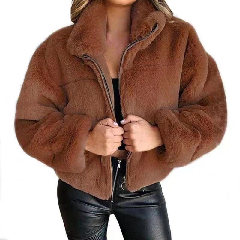 Faux Fur Coat Women Oversized Fit Mid Length Zip Front High Collar - Image 6