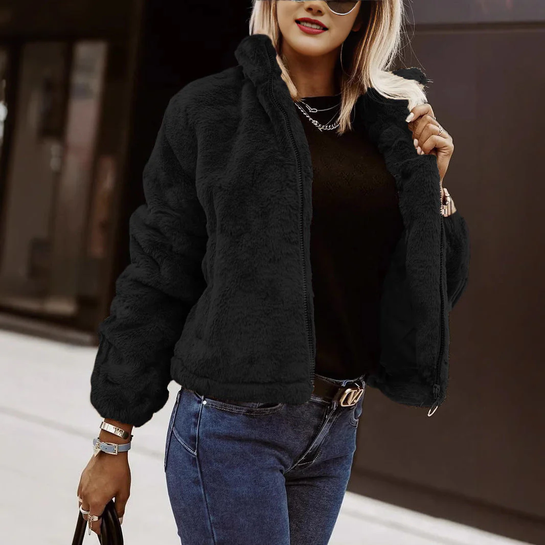 Faux Fur Coat Women Oversized Fit High Collar Zip Front Plush Texture - Image 3