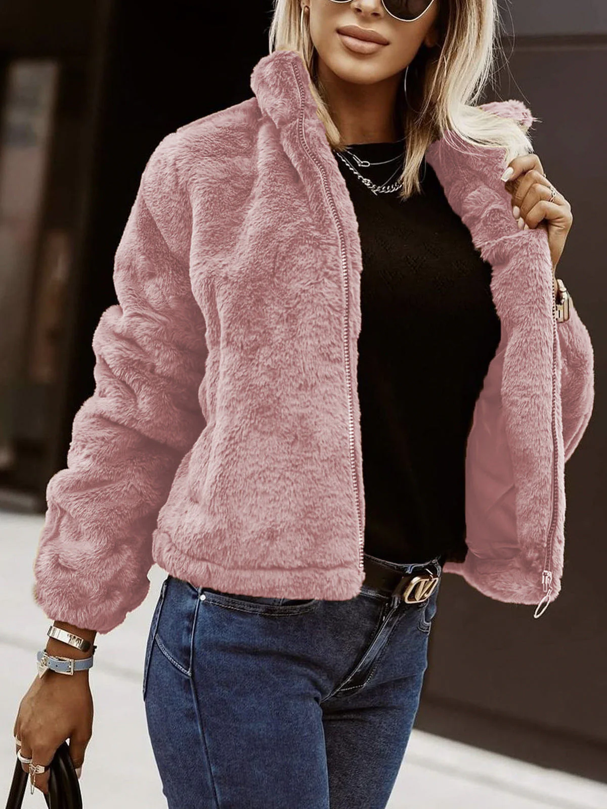 Faux Fur Coat Women Oversized Fit High Collar Zip Front Plush Texture - Image 4