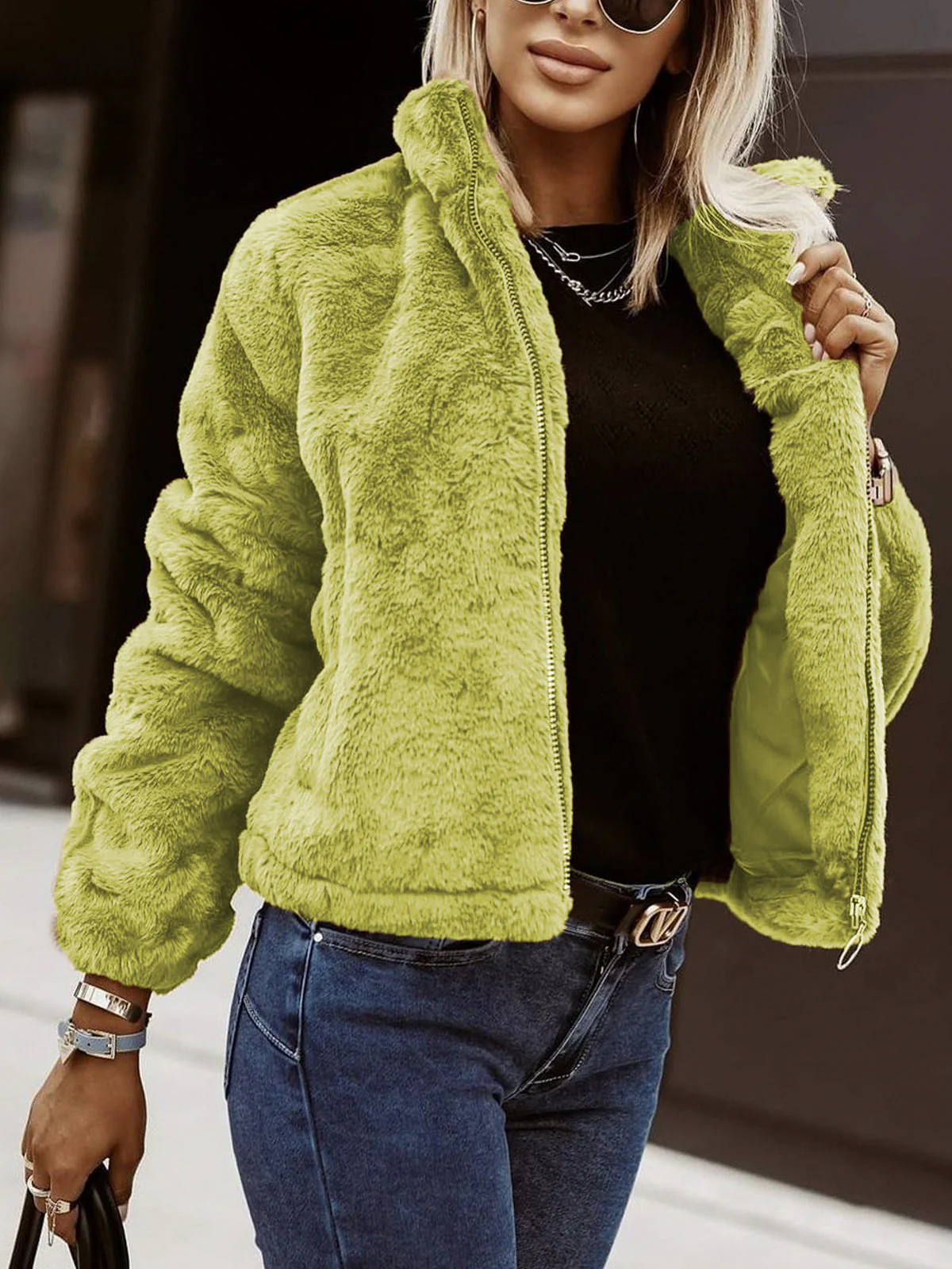 Faux Fur Coat Women Oversized Fit High Collar Zip Front Plush Texture - Image 5