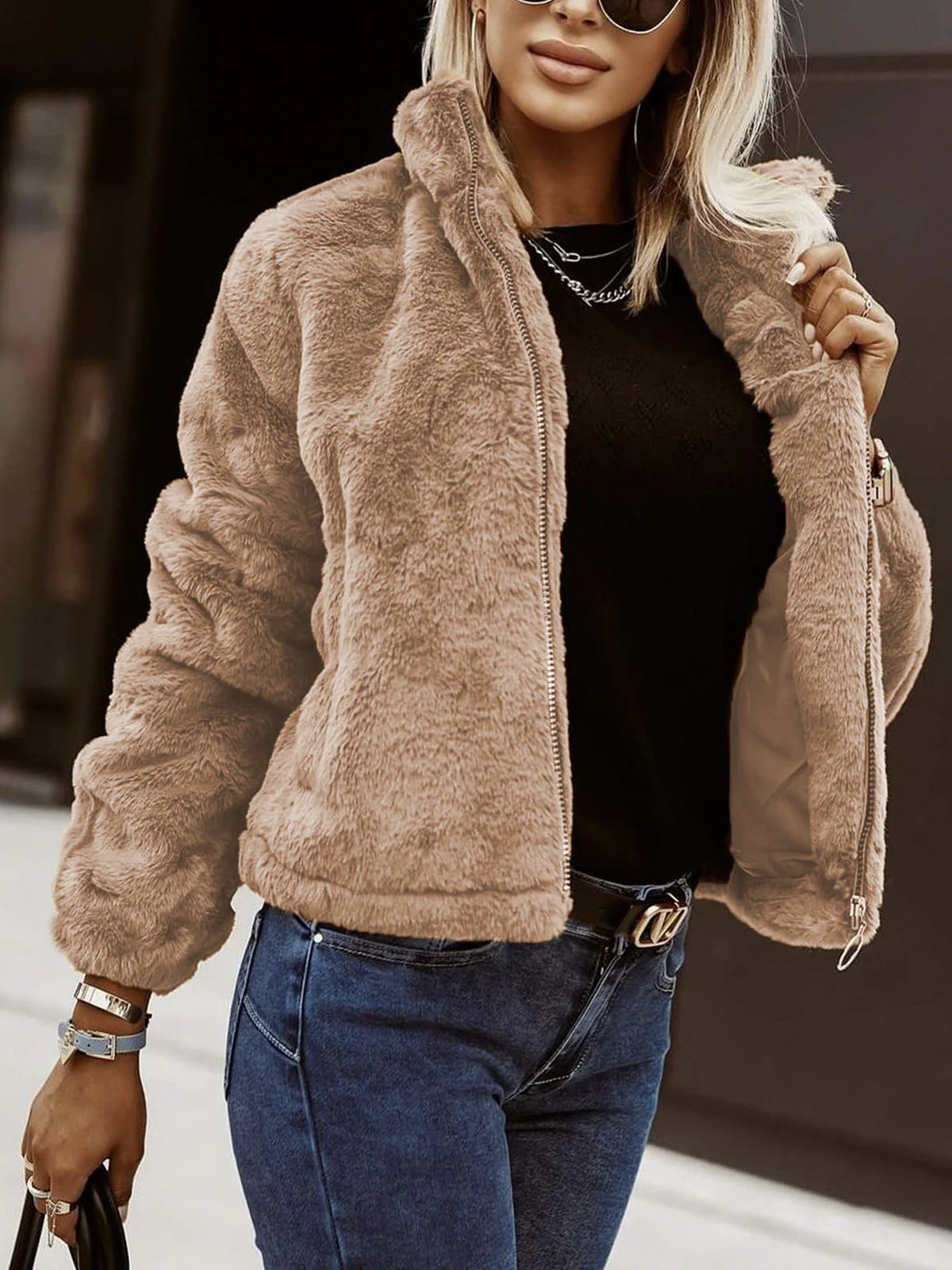 Faux Fur Coat Women Oversized Fit High Collar Zip Front Plush Texture - Image 6
