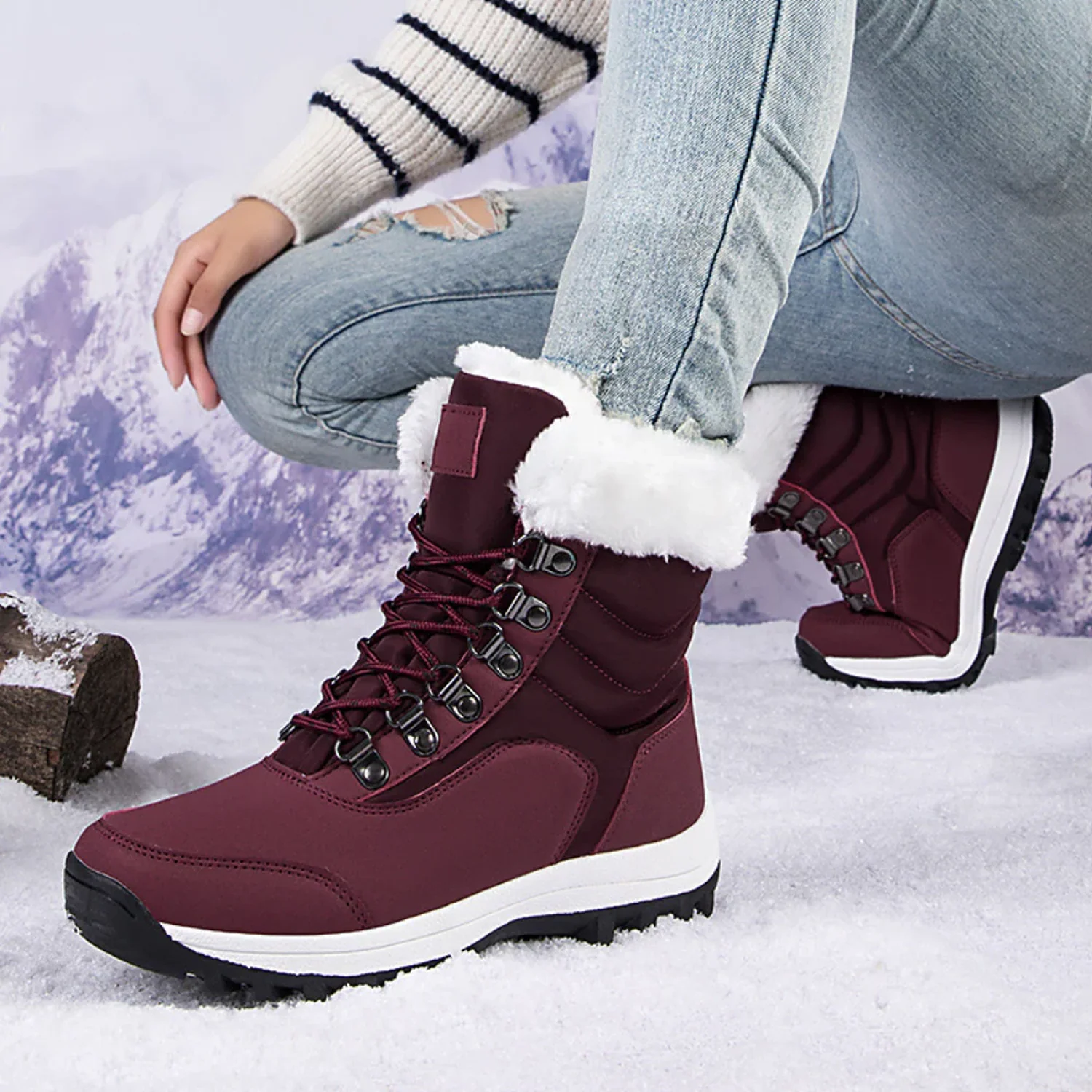 Mid-Calf Boots Women Quilted Fleece Lining Lace-Up Grip Sole Water-Resistant - Image 3