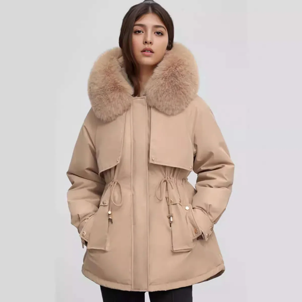 Coat Women Hip Length Tailored Fit Faux Fur Collar Cinched Waist Zip Closure - Image 3