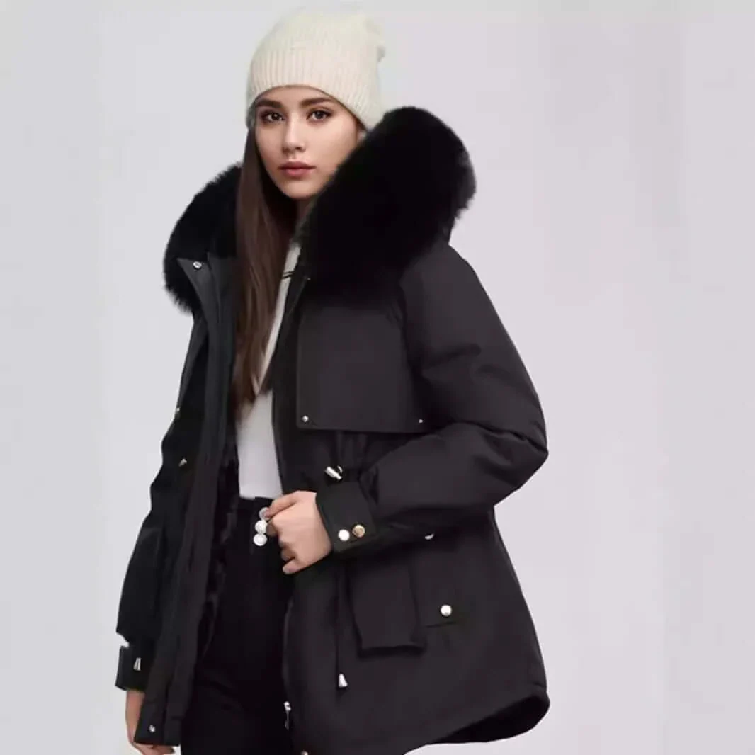 Coat Women Hip Length Tailored Fit Faux Fur Collar Cinched Waist Zip Closure - Image 4