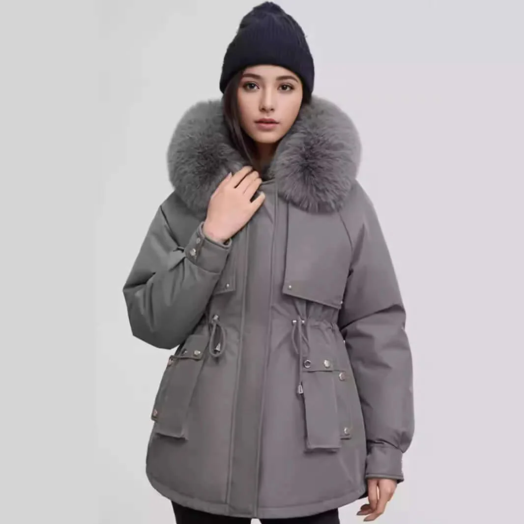Coat Women Hip Length Tailored Fit Faux Fur Collar Cinched Waist Zip Closure - Image 5